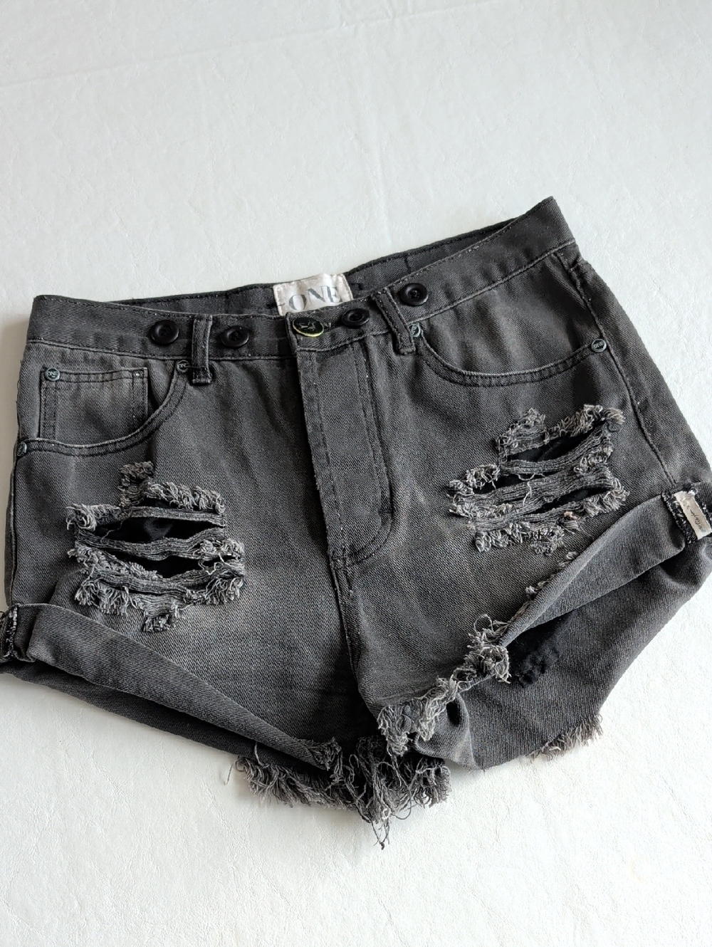 One Teaspoon Jean Shorts Black Distressed Twisted Hem Cuff Women's Size 26